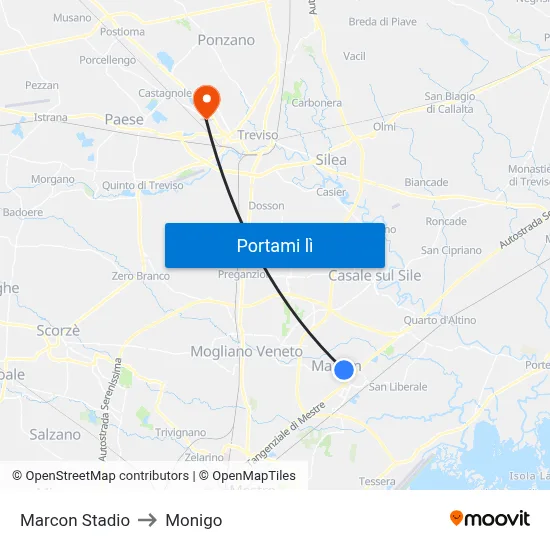 Marcon Stadio to Monigo map