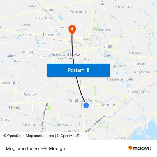 Mogliano Liceo to Monigo map