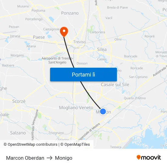 Marcon Oberdan to Monigo map