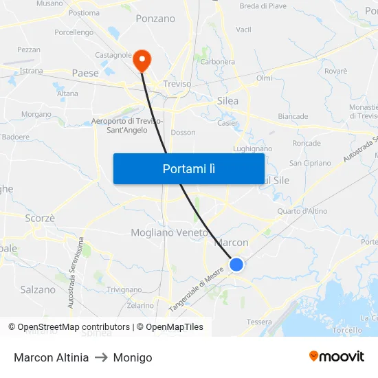 Marcon Altinia to Monigo map