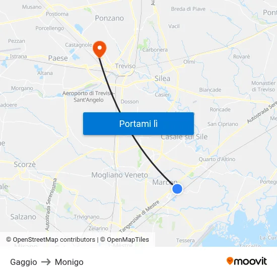 Gaggio to Monigo map
