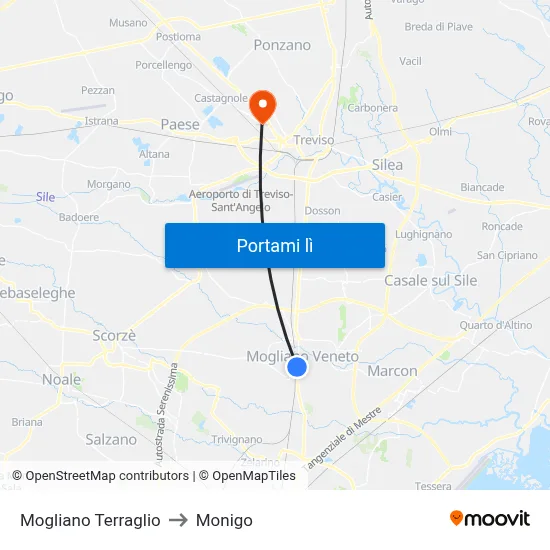 Mogliano Terraglio to Monigo map