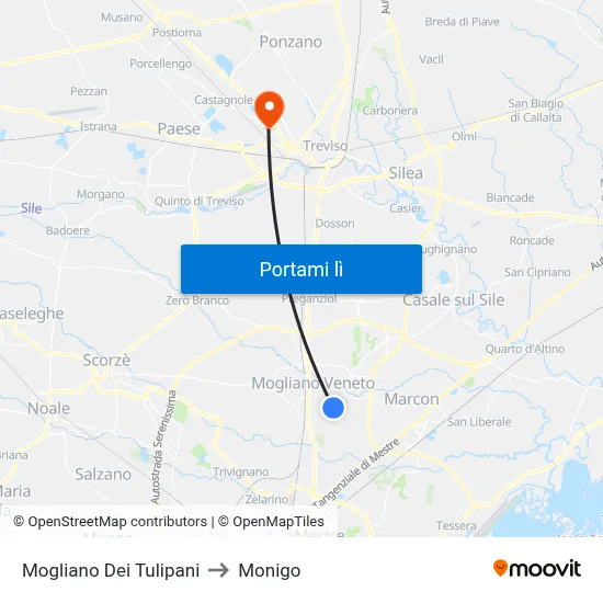 Mogliano Dei Tulipani to Monigo map