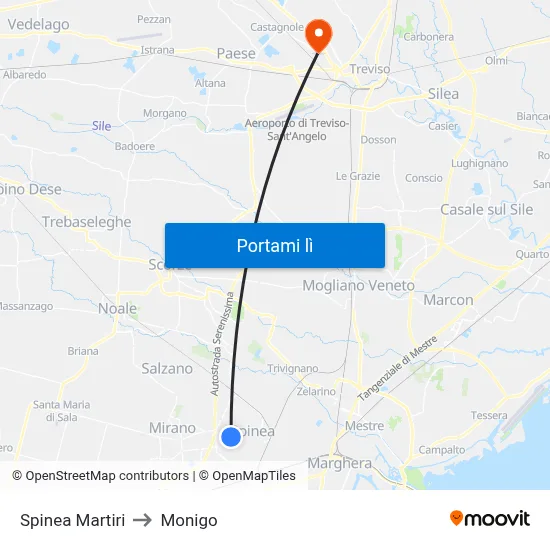 Spinea Martiri to Monigo map