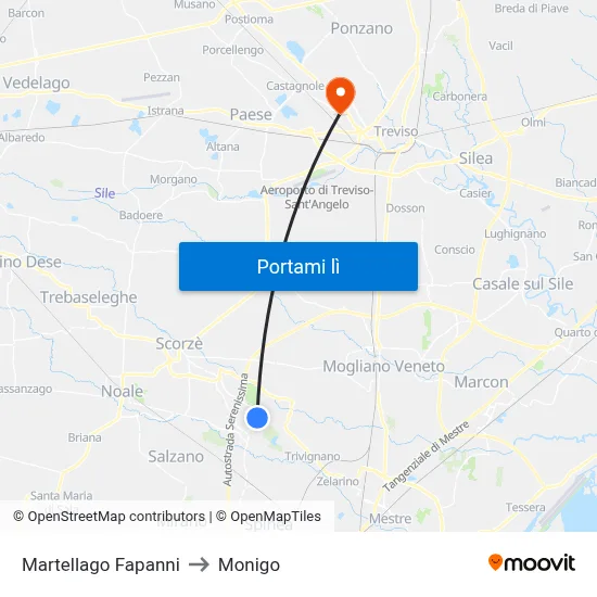 Martellago Fapanni to Monigo map