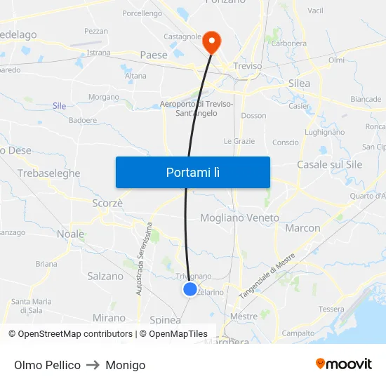 Olmo Pellico to Monigo map