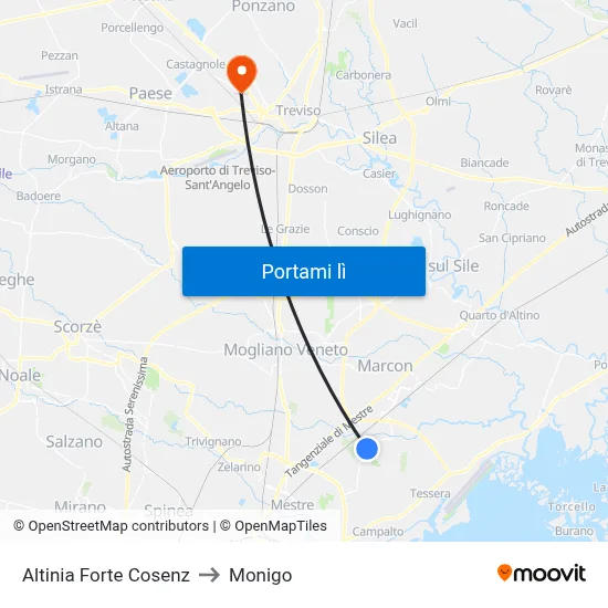 Altinia Forte Cosenz to Monigo map
