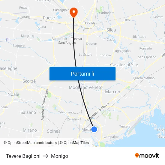 Tevere Baglioni to Monigo map