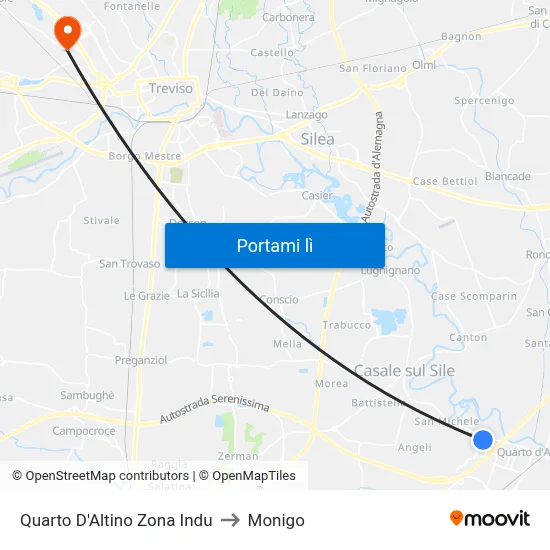Quarto D'Altino Zona Indu to Monigo map