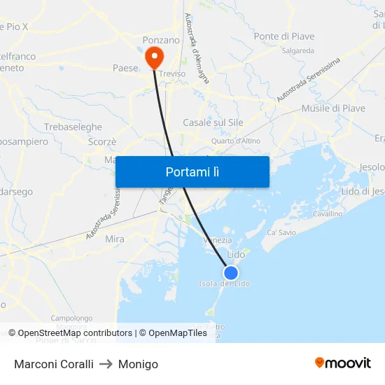Marconi Coralli to Monigo map