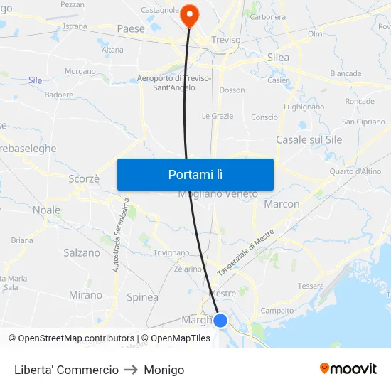 Liberta' Commercio to Monigo map