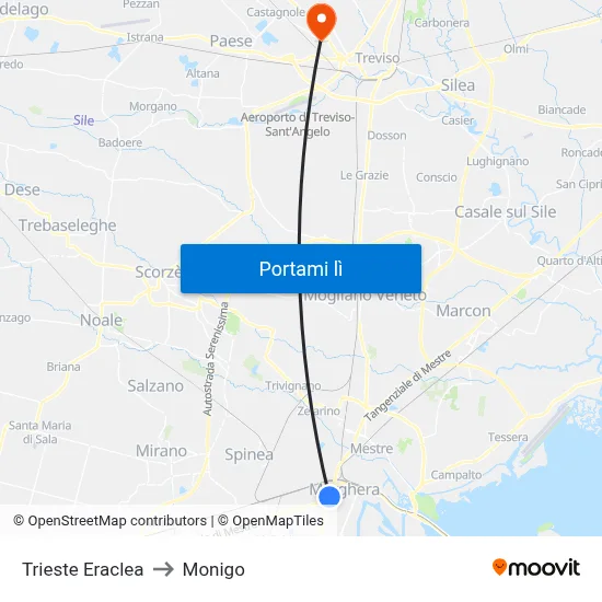 Trieste Eraclea to Monigo map
