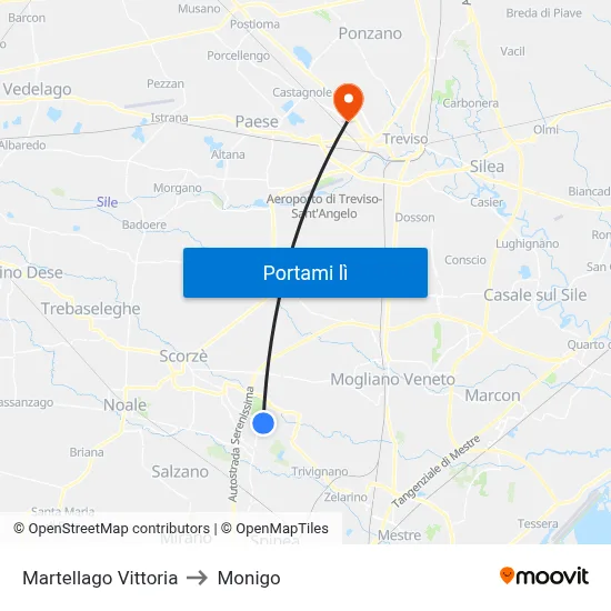 Martellago Vittoria to Monigo map