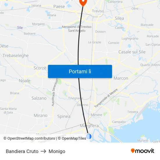 Bandiera Cruto to Monigo map