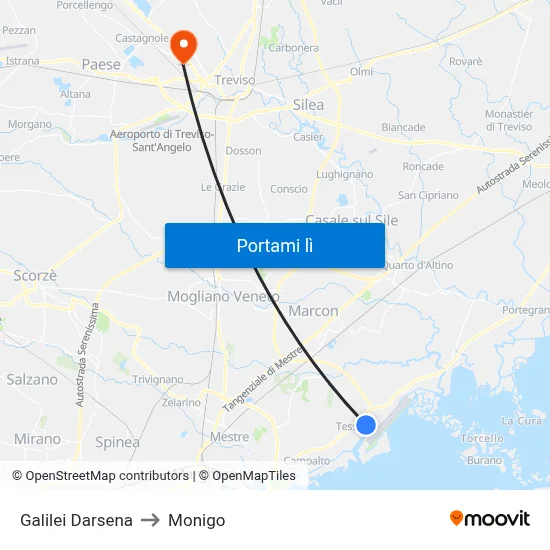 Galilei Darsena to Monigo map