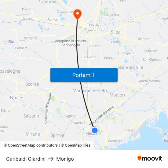 Garibaldi Giardini to Monigo map