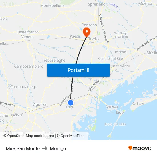Mira San Monte to Monigo map