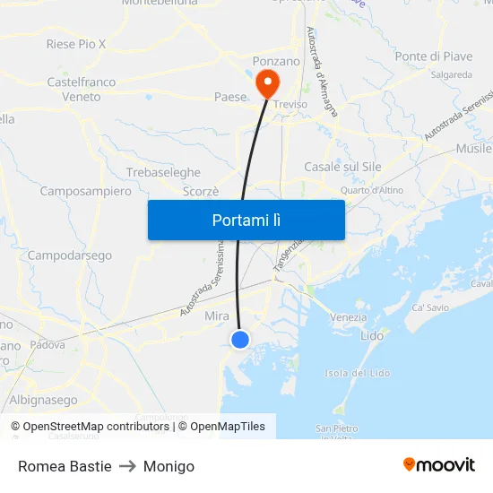 Romea Bastie to Monigo map