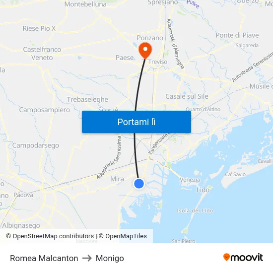 Romea Malcanton to Monigo map