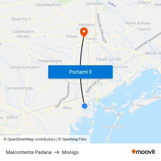 Malcontenta Padana to Monigo map
