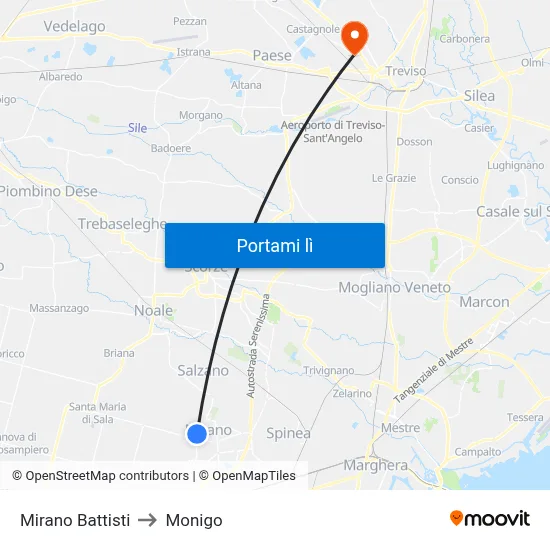 Mirano Battisti to Monigo map