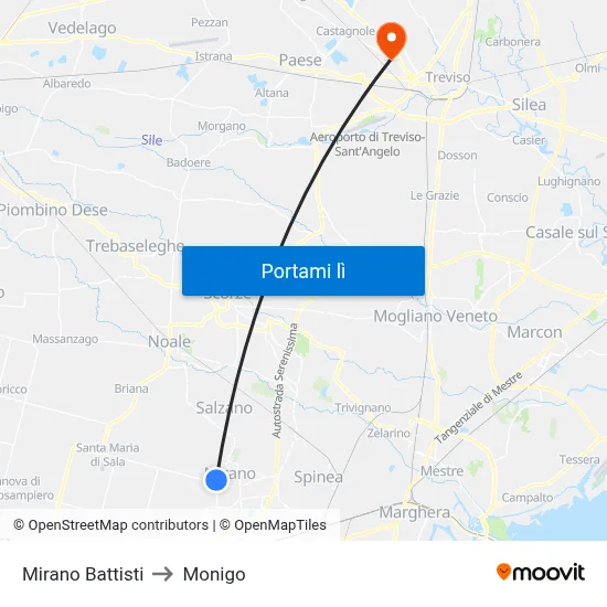 Mirano Battisti to Monigo map