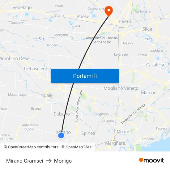 Mirano Gramsci to Monigo map