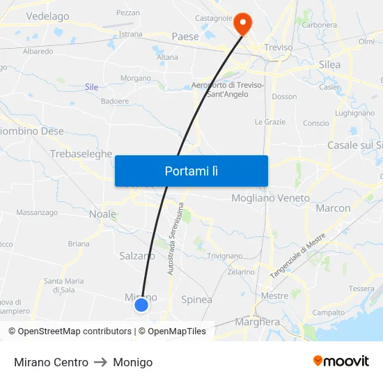Mirano Centro to Monigo map