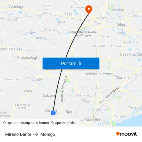 Mirano Dante to Monigo map
