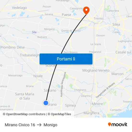 Mirano Civico 16 to Monigo map