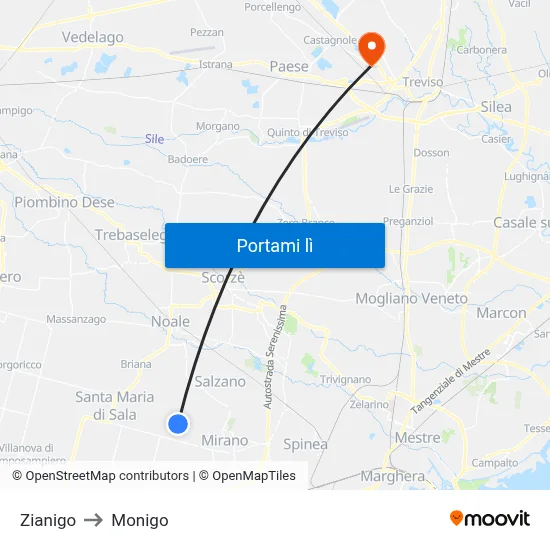 Zianigo to Monigo map