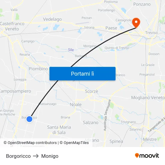 Borgoricco to Monigo map