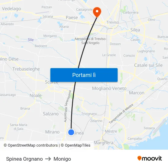 Spinea Orgnano to Monigo map