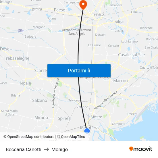 Beccaria Canetti to Monigo map