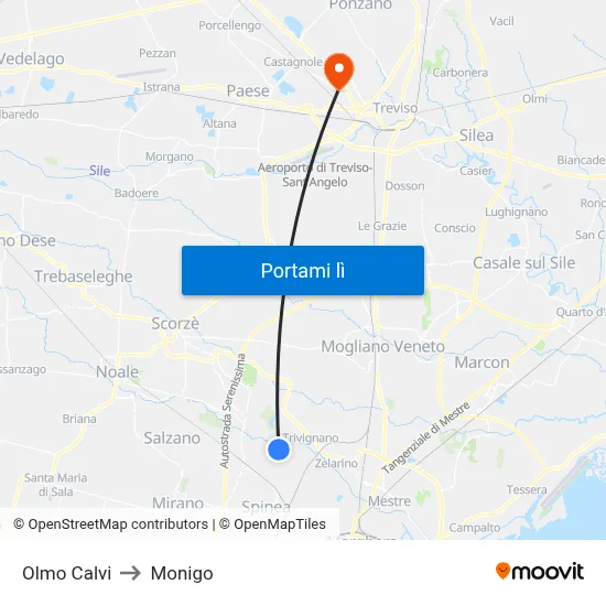 Olmo Calvi to Monigo map