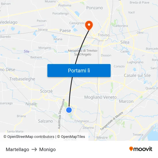 Martellago to Monigo map