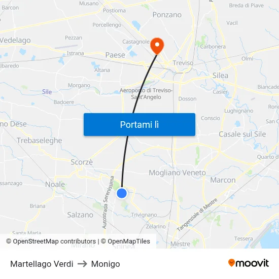 Martellago Verdi to Monigo map
