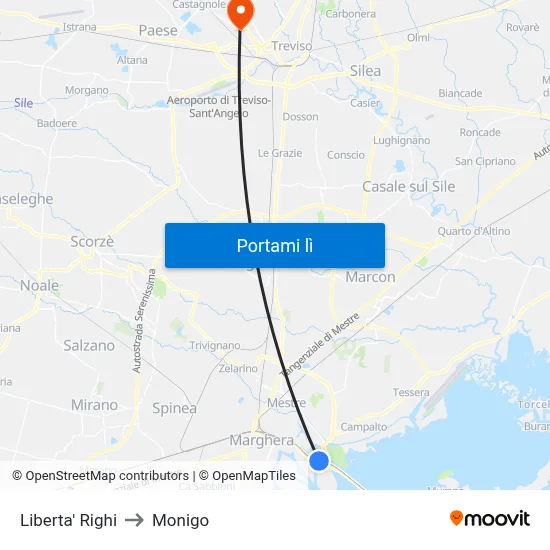 Liberta' Righi to Monigo map