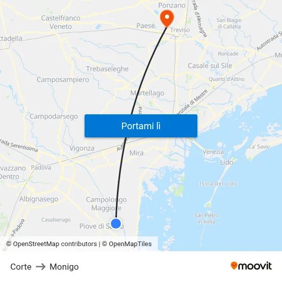 Corte to Monigo map