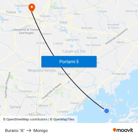 Burano "A" to Monigo map