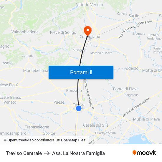 Treviso Centrale to Ass. La Nostra Famiglia map