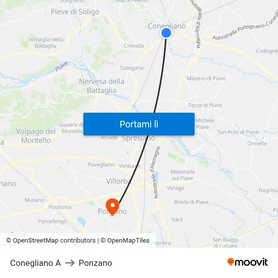 Conegliano A to Ponzano map