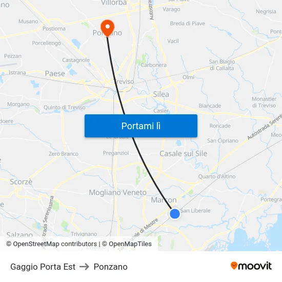 Gaggio Porta Est to Ponzano map