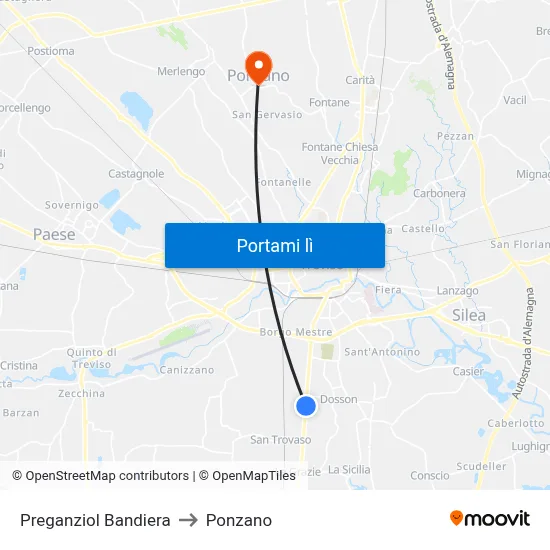 Preganziol  Bandiera to Ponzano map