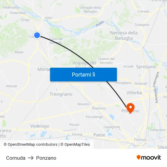 Cornuda to Ponzano map