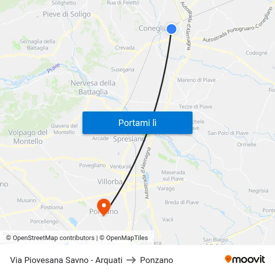 Via Piovesana Savno - Arquati to Ponzano map