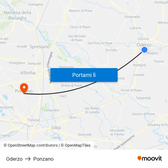 Oderzo to Ponzano map