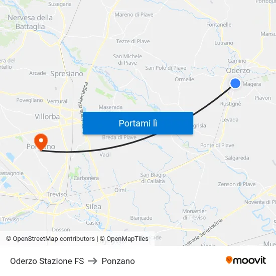 Oderzo Stazione FS to Ponzano map