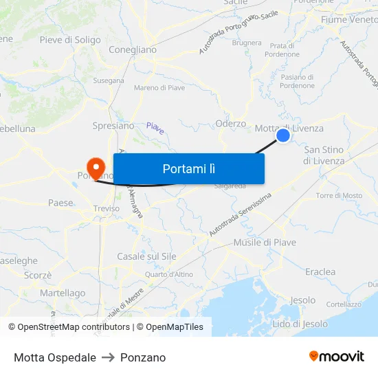 Motta Ospedale to Ponzano map