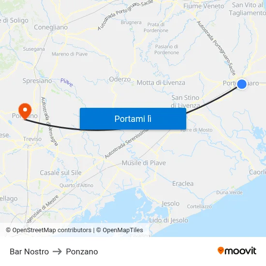 Bar Nostro to Ponzano map